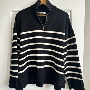 Zara Women's quarter zip Sweater in Black and White Stripes